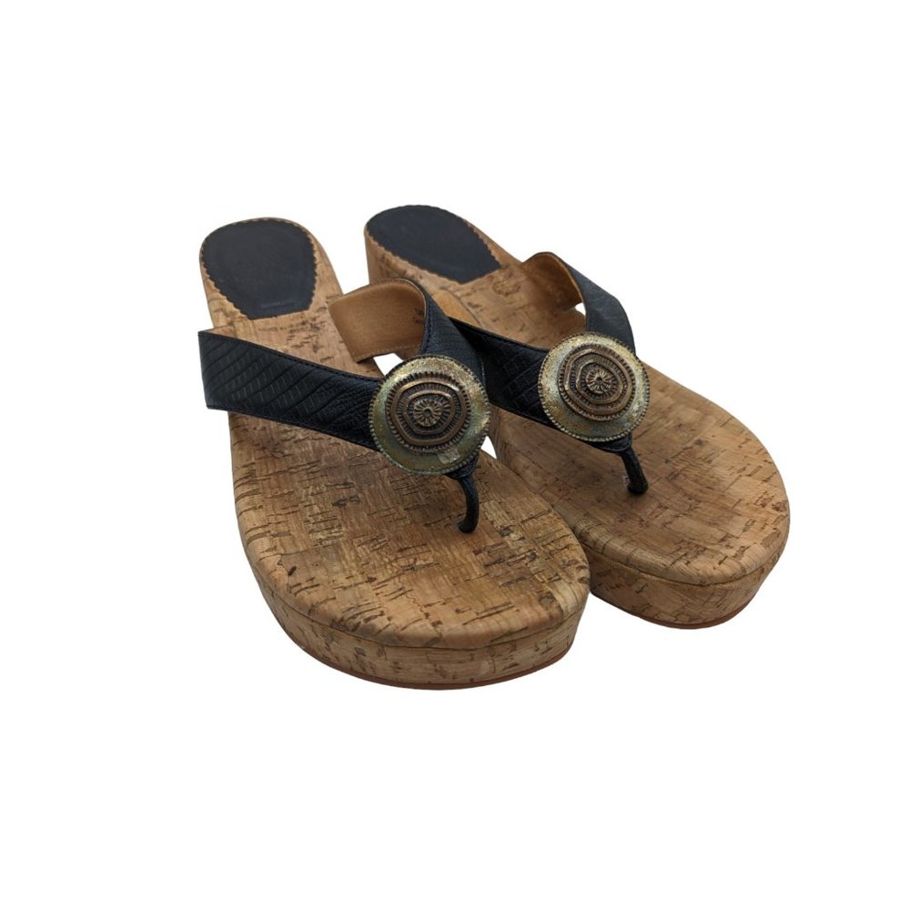 Carla Women's Wedge Sandal Shoes Embossed Lizard Leather Black Thong Size 9 US